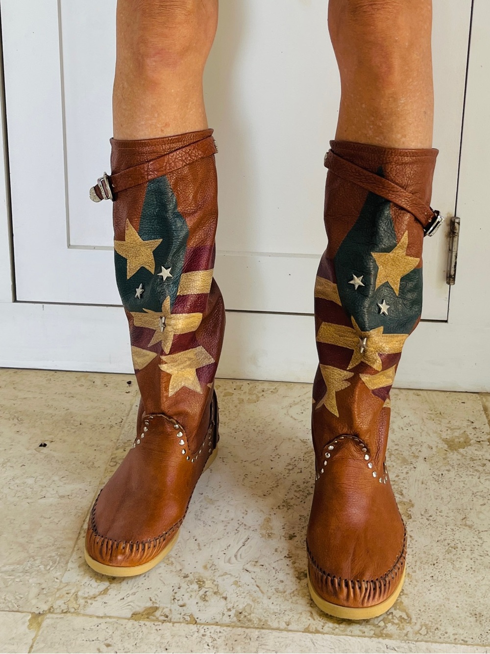 HECTOR RICCIONE Limited Edition Rare BOHO festival Flag Star Leather Boots sz10